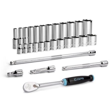 Capri Tools 3/8 in. Drive Master 6-Point Chrome Socket Set, 5/16 to 1 in., with Extension and Ratchet, 29-Piece CP12320-29S-SET